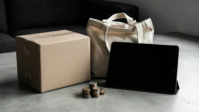 Una caja de cartón marrón, una bolsa de lona beige y un tablet negro junto a pilas de monedas sobre una mesa gris.