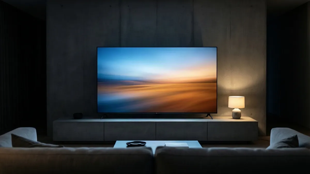 Televisor de pantalla plana mostrando paisaje azul y naranja, sobre consola de hormigón gris junto a lámpara encendida en sala oscura.