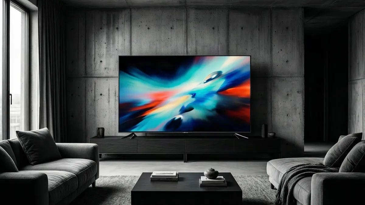 Televisor grande genérico centrado en un salón de hormigón