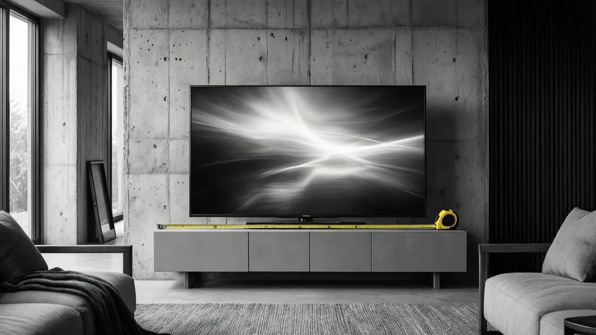 Televisor compacto junto a una cinta métrica sobre un mueble de hormigón