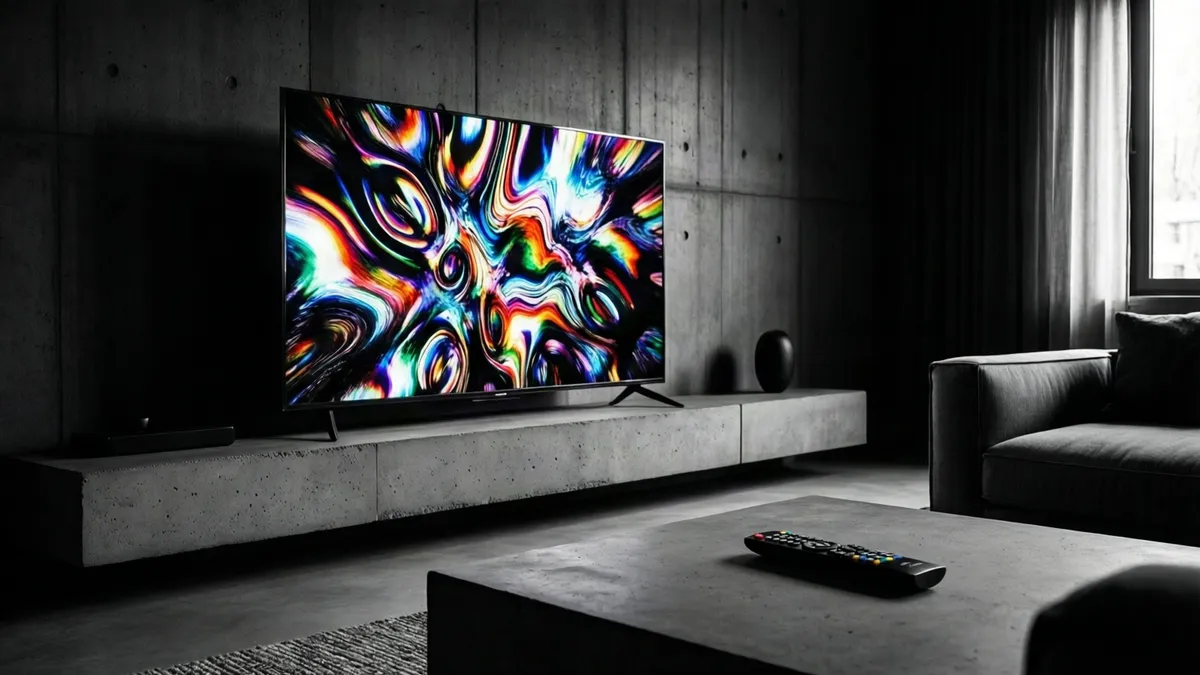 Pantalla de televisión con imagen abstracta colorida sobre consola de hormigón en sala oscura con sofá gris.