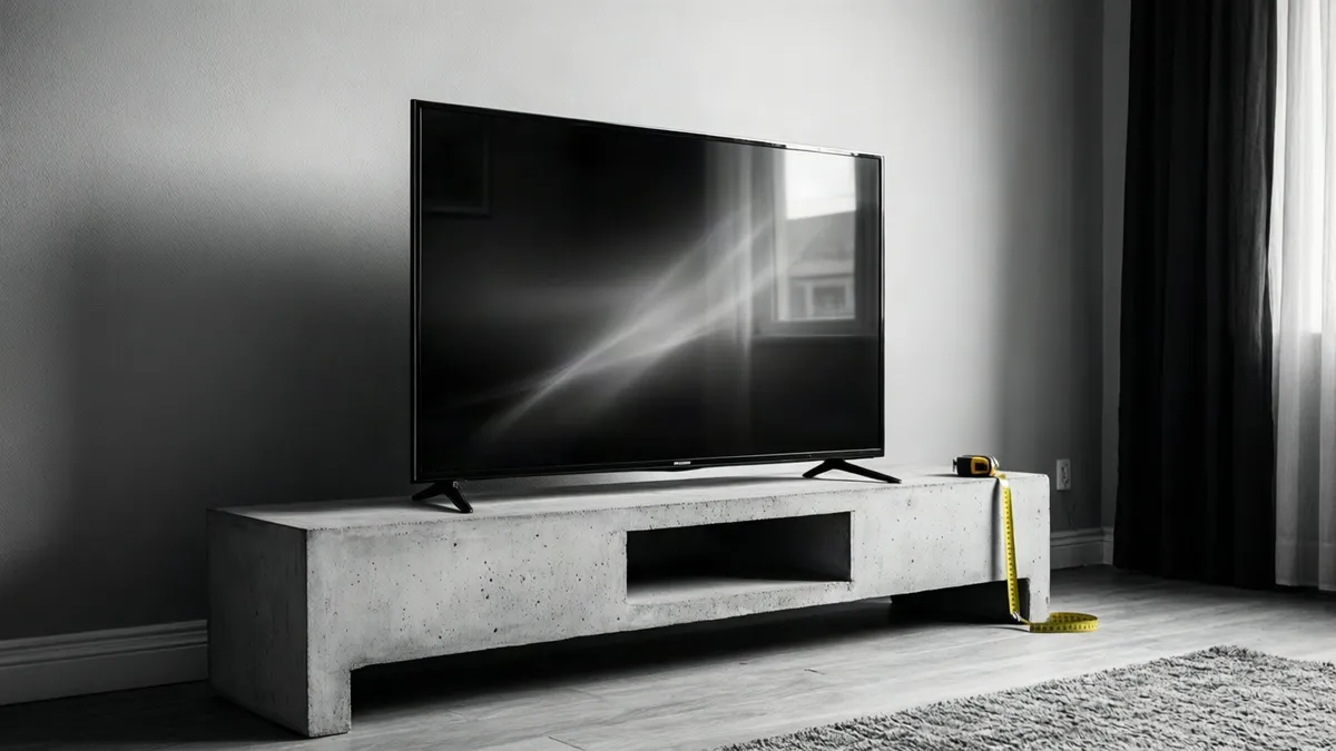 Televisor compacto junto a una cinta métrica sobre un mueble de hormigón