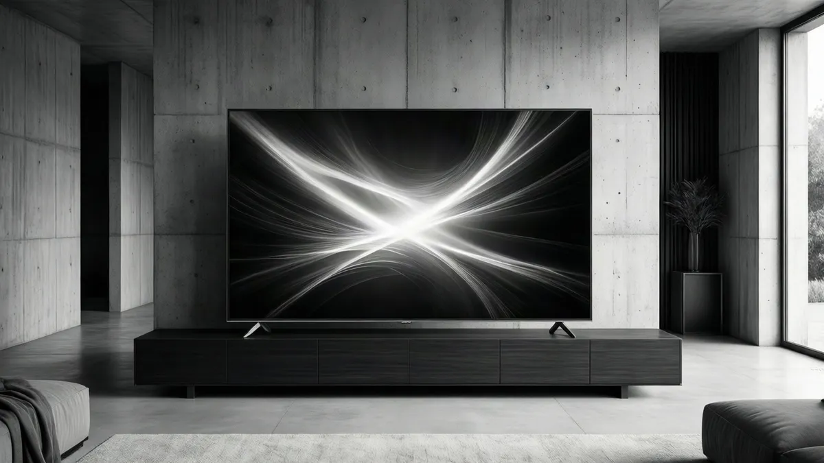 Televisor grande genérico centrado en un salón de hormigón