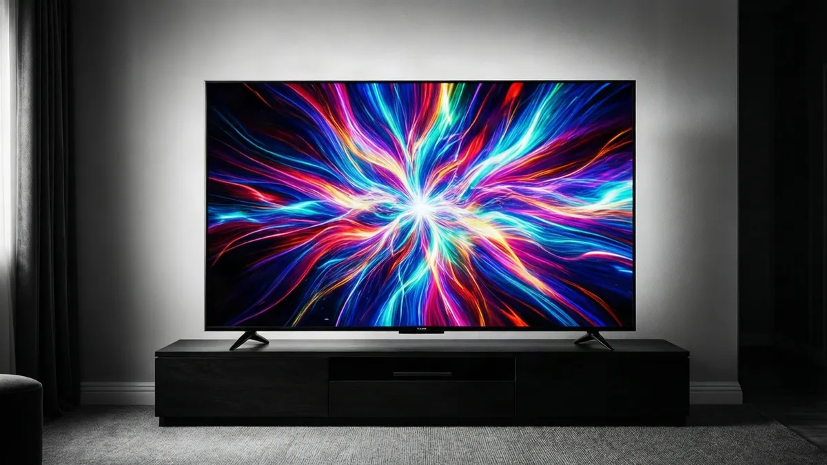 Televisor genérico sobre un soporte negro con brillo abstracto en la pantalla